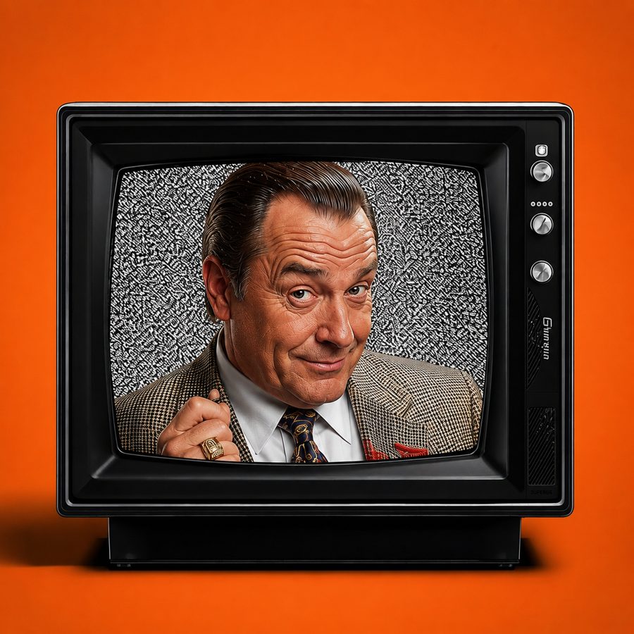 Cheeky salesman with a gold ring winking from a retro TV on an orange background