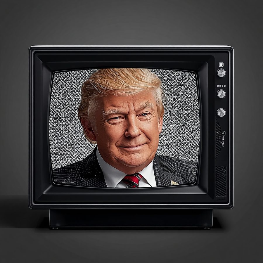 Smirking man in a suit on a retro TV against a dark grey background