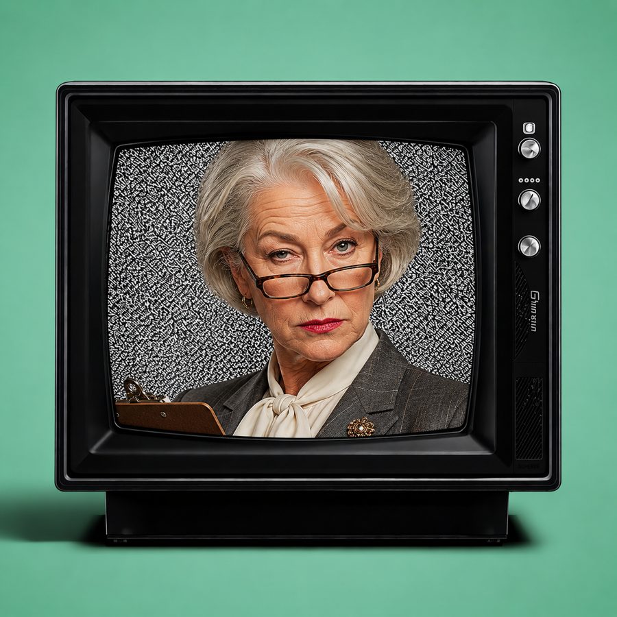 Stern woman with a clipboard glaring from a retro TV on a green background
